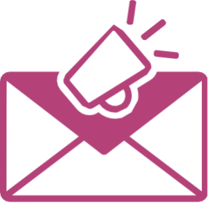 icon 7 A pink icon of an envelope with a megaphone above it, suggesting the concept of email marketing or a message announcement.