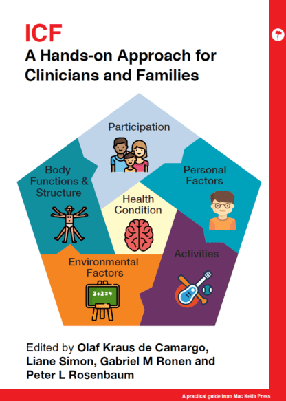 The book cover for "ICF: A Hands-on Approach for Clinicians and Families" displays a diagram illustrating body functions, personal factors, environmental factors, activities, and participation.