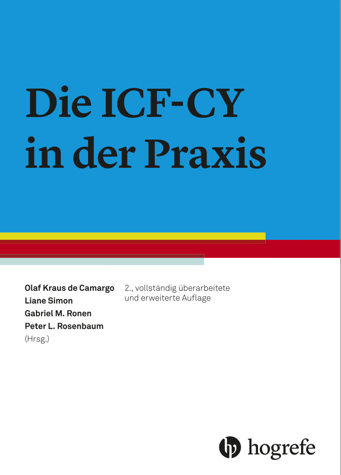 Book cover of "ICF: A Hands-on Approach for Clinicians and Families," featuring illustrations of people, icons, and German text on a white background.