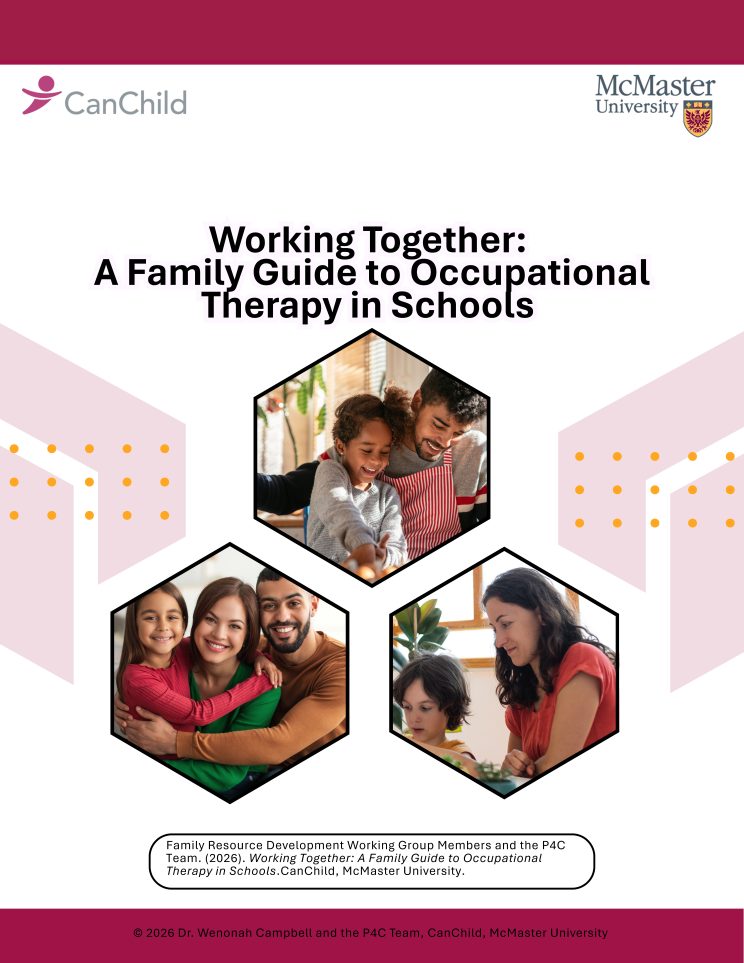 Cover page of a guide titled "Working Together: A Family Guide to Occupational Therapy in Schools," featuring families and children interacting in hexagon frames.