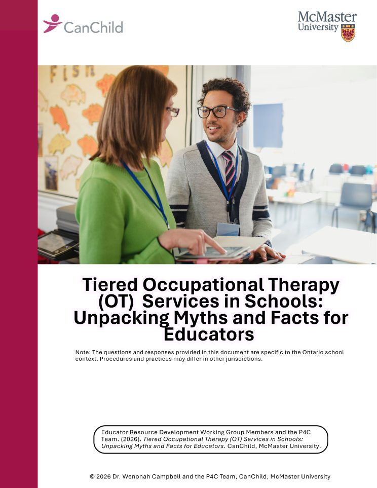 Two people stand talking in an office setting, holding a clipboard and wearing ID badges. The image is used on a document about occupational therapy services in schools for educators.