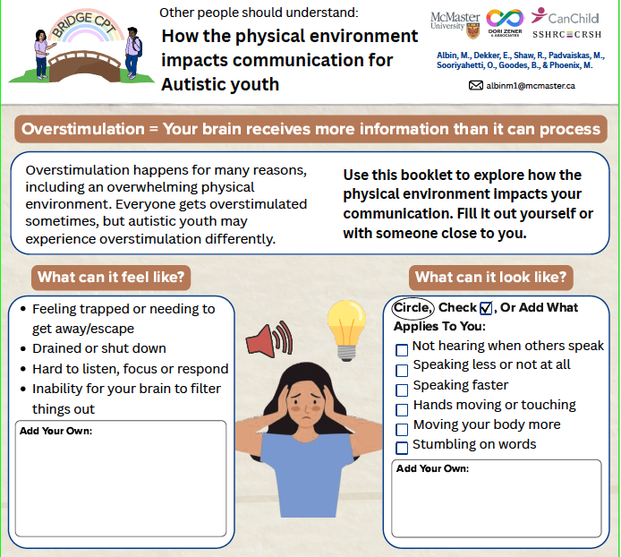Informational flyer explains how over-stimulation in the physical environment can impact communication for autistic youth, with symptoms and signs listed in separate boxes.