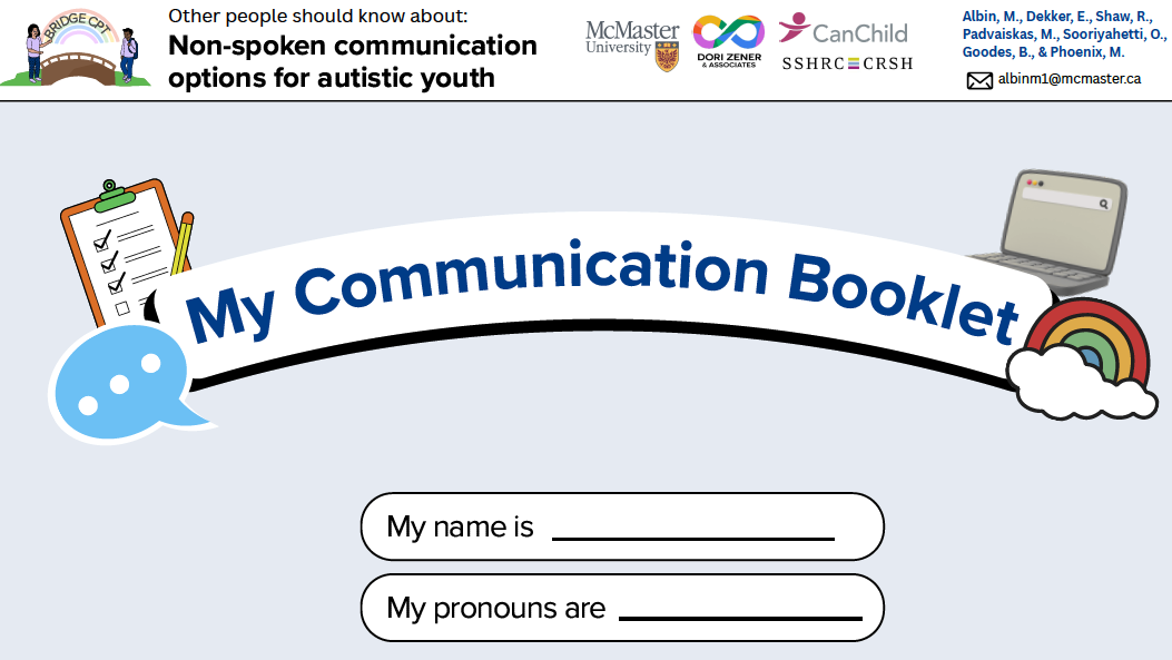 A communication booklet cover for autistic youth with spaces to fill in name and pronouns, featuring logos, a checklist, and a speech bubble.