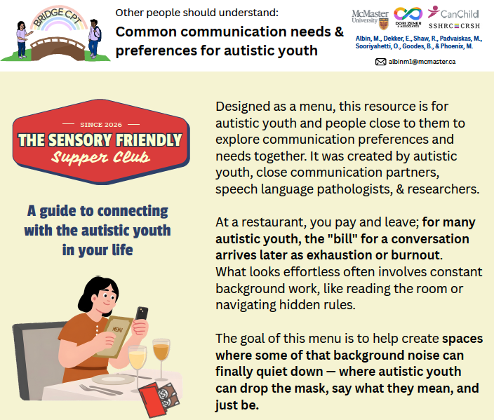 Informational poster about "The Sensory Friendly Supper Club," describing a resource for autistic youth to explore communication preferences in social settings.