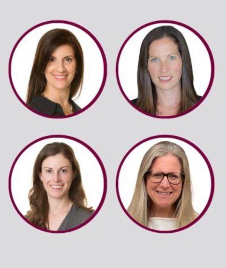 Four women are shown in separate circular portrait photos arranged in a two-by-two grid on a gray background.
