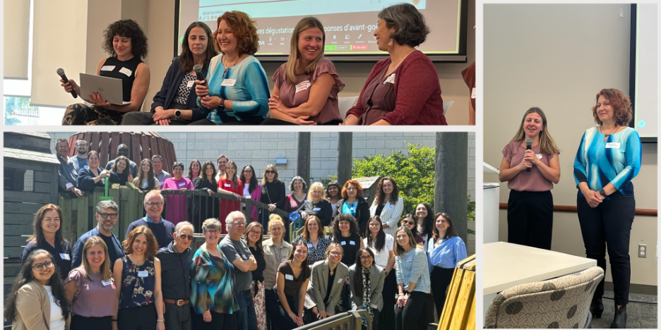 A collage of photos showing a panel discussion, a large group posing outdoors, and two women standing and speaking at an indoor event.