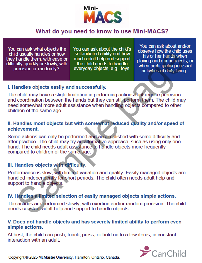 A color-coded chart explaining the Mini-MACS, classifying children’s hand use into three levels and detailing each level's characteristics and examples.