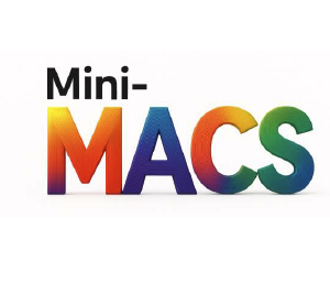 The image displays the product name "Mini-MACS" on a white background, with "MACS" in large, bold rainbow-colored letters and "Mini-" in smaller black text above.