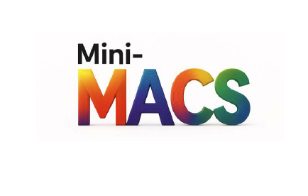 The image displays the product name "Mini-MACS" on a white background, with "MACS" in large, bold rainbow-colored letters and "Mini-" in smaller black text above.