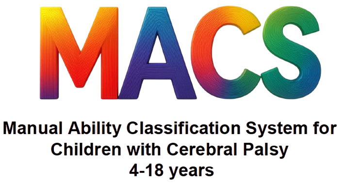 Text reads "MACS Manual Ability Classification System for Children with Cerebral Palsy 4-18 years" in black font below large, multicolored "MACS" letters on a white background, highlighting its connection to the Gross Motor Family Report (GM-FR) for comprehensive assessment.